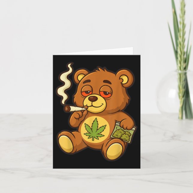 Teddy Bear Funny Weed Smoking Bear With Joint Leaf Card (Front)