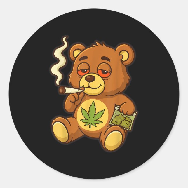 Teddy Bear Funny Weed Smoking Bear With Joint Leaf Classic Round Sticker (Front)