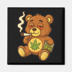 Teddy Bear Funny Weed Smoking Bear With Joint Leaf Magnet