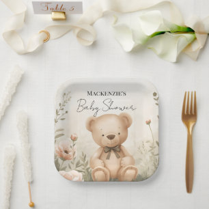 Teddy Bear Garden Custom Name Baby Shower Paper Plates