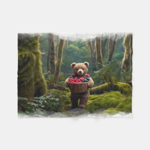 Teddy Bear Gathering Berries Art for Kids Fleece Blanket