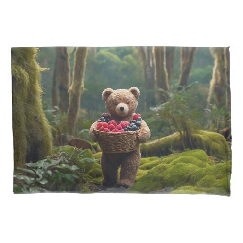 Teddy Bear Gathering Berries Art for Kids Pillow Case