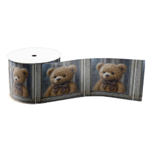 Teddy Bear Gazing Out of a Rainy Window Grosgrain Ribbon