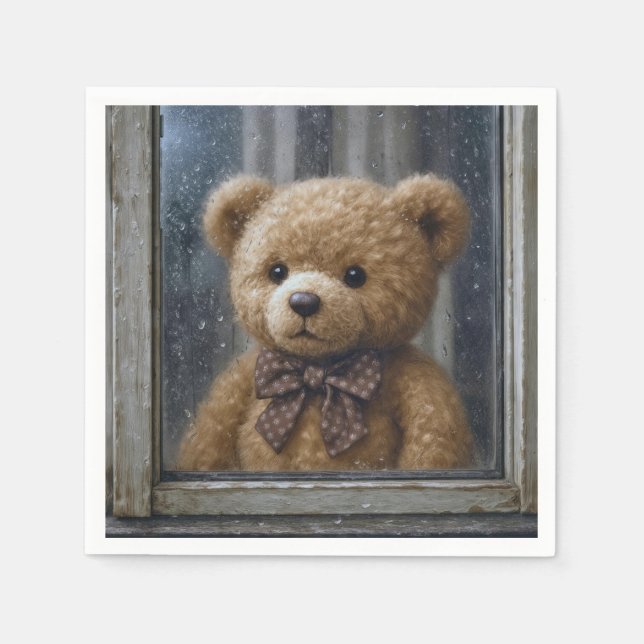 Teddy Bear Gazing Out of a Rainy Window Napkins (Front)