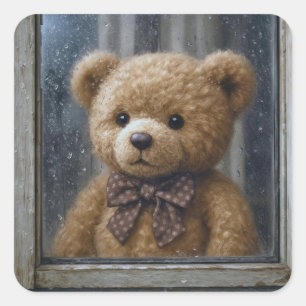 Teddy Bear Gazing Out of a Rainy Window Square Sticker