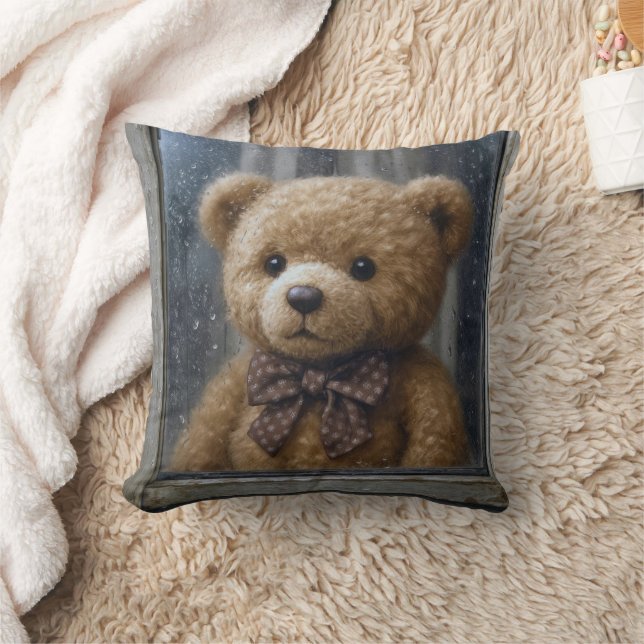 Teddy Bear Gazing Out of a Rainy Window Throw Pillow (Blanket)