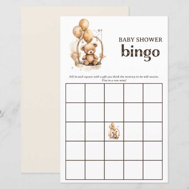 Teddy Bear Gender Neutral Baby Shower Bingo Game (Front/Back)
