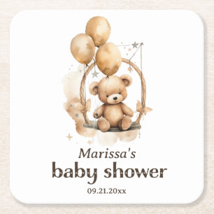 Teddy Bear Gender Neutral Baby Shower Square Paper Coaster