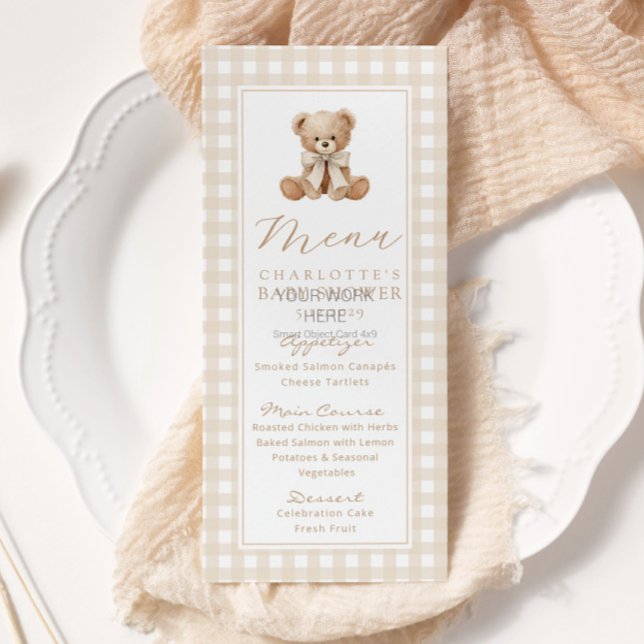 Teddy bear Gender neutral Gingham Baby Shower Menu (Creator Uploaded)