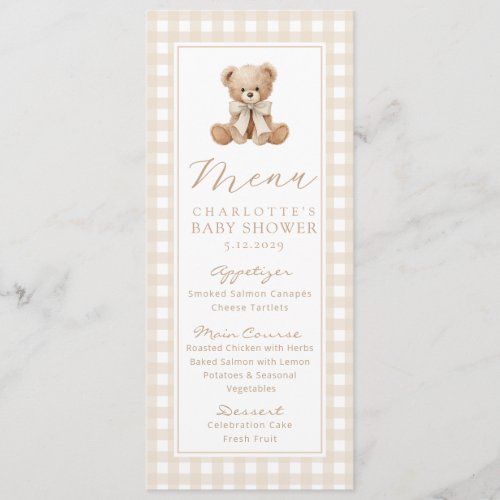 Teddy bear Gender neutral Gingham Baby Shower Menu