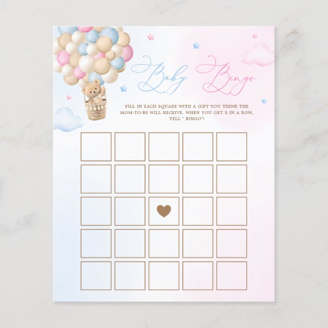 Teddy Bear Gender Reveal Baby Bingo Game (Front)