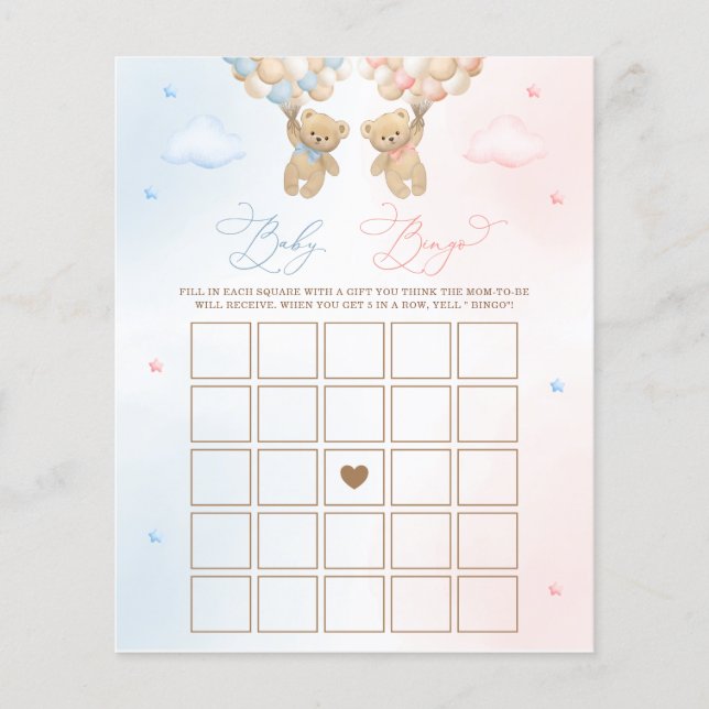 Teddy Bear Gender Reveal Baby Bingo Game (Front)