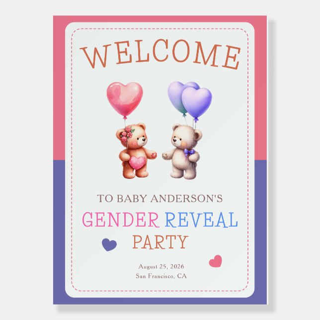 Teddy Bear Gender Reveal Balloons Welcome Sign (Front)