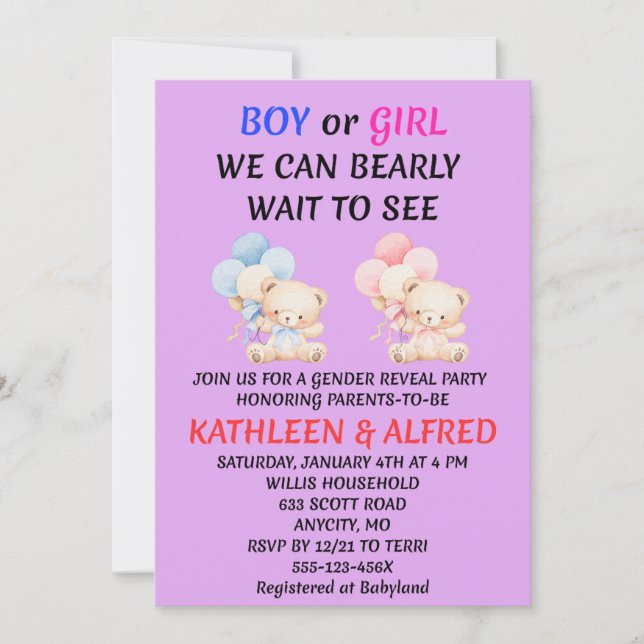Teddy Bear Gender Reveal Invitation (Front)