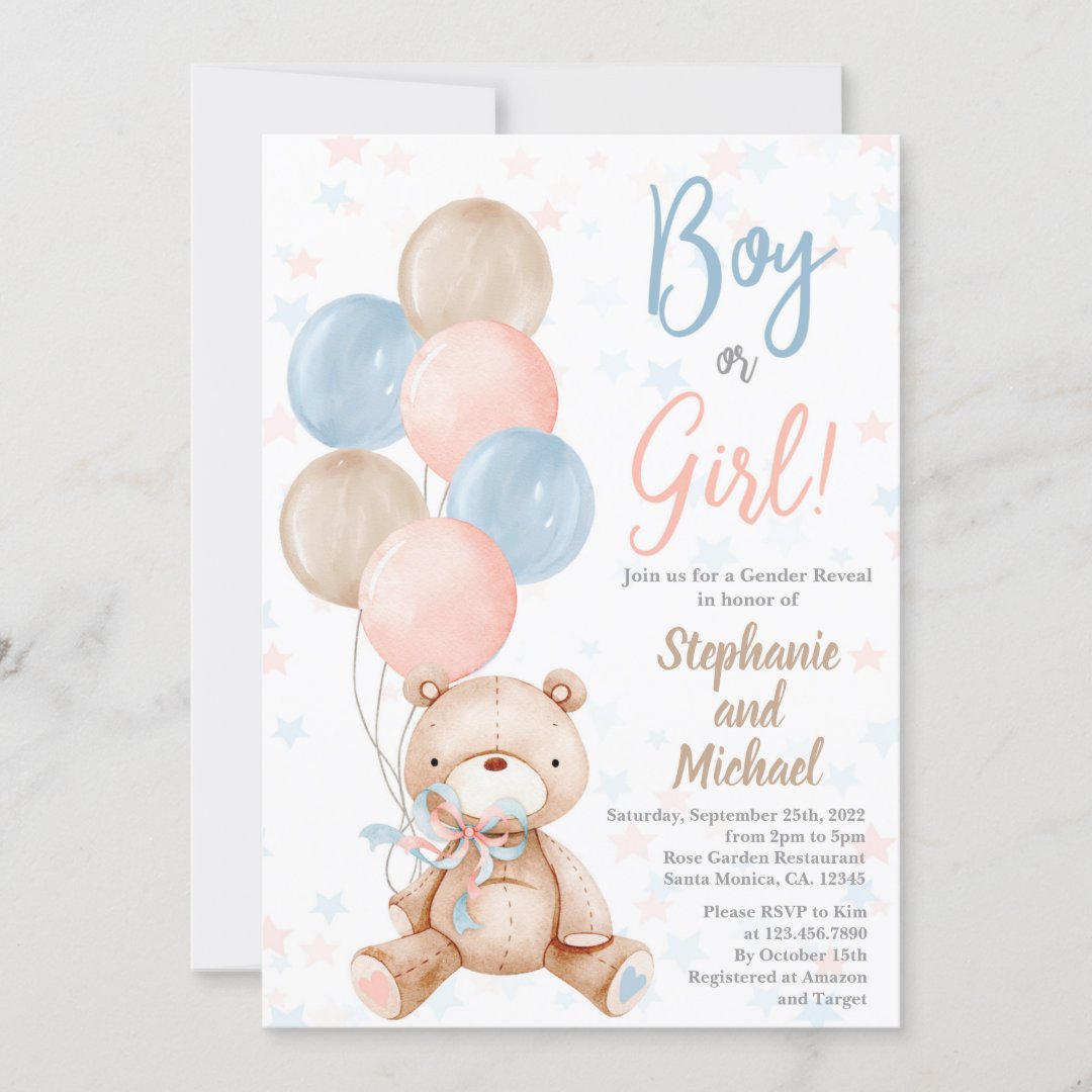 Teddy Bear Gender Reveal Invitation Zazzle