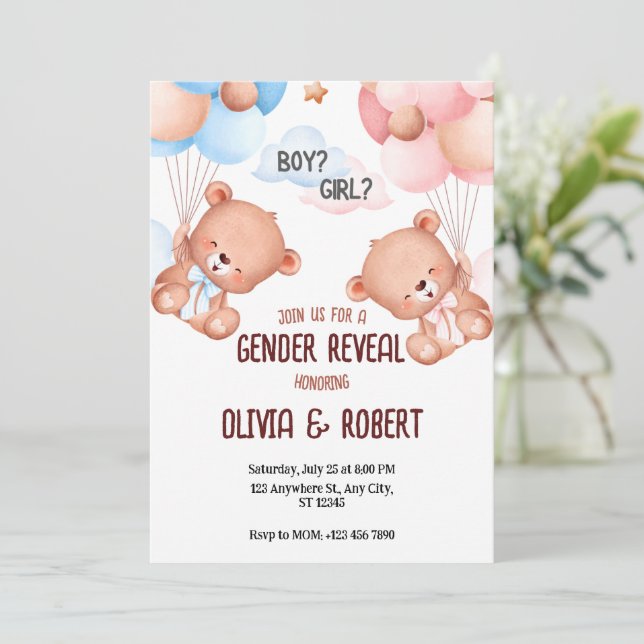  Teddy Bear Gender Reveal Invitation Balloons  (Standing Front)