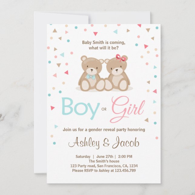 Teddy bear Gender reveal invitation Boy or Girl (Front)