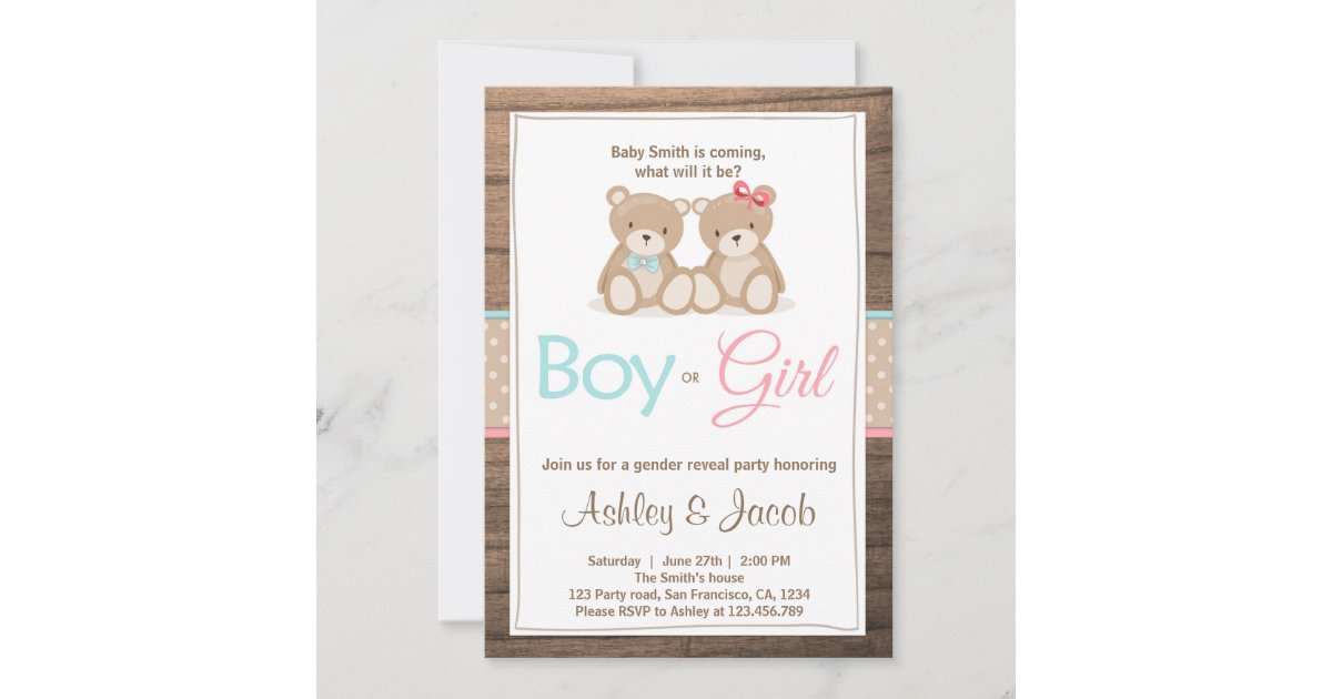 Teddy bear Gender reveal invitation Boy or Girl Zazzle