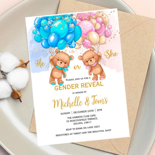Teddy Bear Gender Reveal Party Invitation (Creator Uploaded)