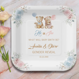 Teddy Bear Gender Reveal Pastel Florals Paper Plates