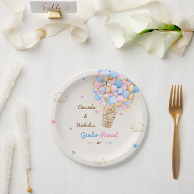 Teddy Bear Gender Reveal Pink Blue Paper Plates (Wedding)