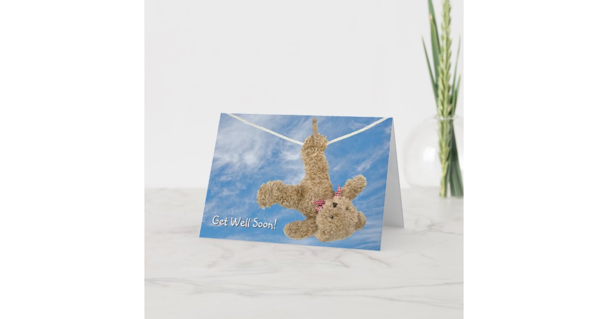 Cute Teddy Bear With Flower & Hearts Get Well Soon Card for 
