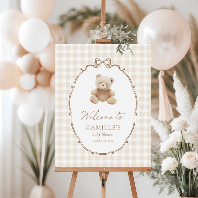 Teddy Bear Gingham Baby Shower Welcome Sign (Teddy Bear Gender Neutral Baby shower welcome sign)