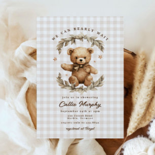 Teddy Bear Gingham Bearly Wait Leafy Baby Shower Invitation