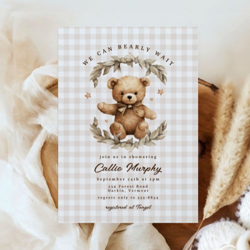 Teddy Bear Gingham Bearly Wait Leafy Baby Shower Invitation