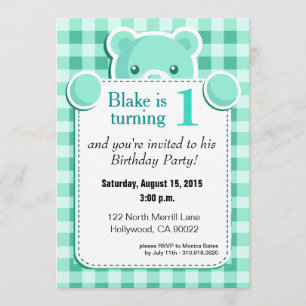 Teddy Bear Gingham Plaid Birthday mint green Invitation