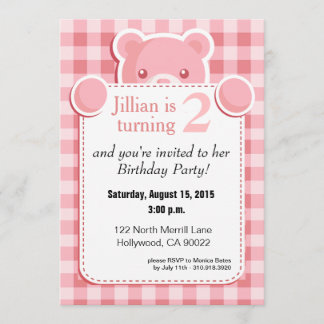 Teddy Bear Gingham Plaid Birthday | pink Invitation