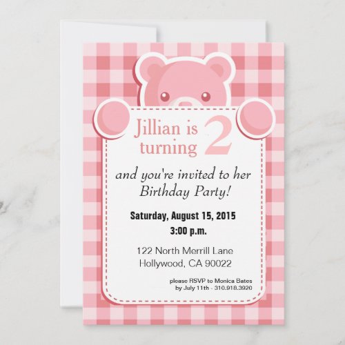 Teddy Bear Gingham Plaid Birthday  pink Invitation