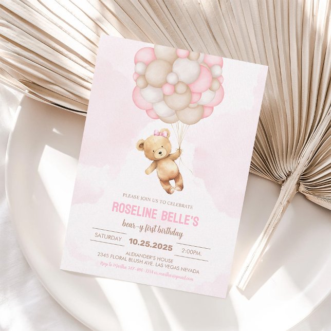 Teddy Bear Girl 1st Birthday Invitation (Creator Uploaded)