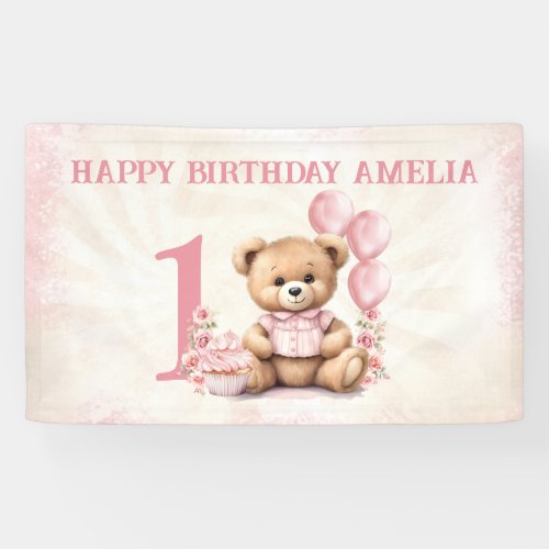 Teddy Bear Girl 1st Birthday Pink Balloons Banner