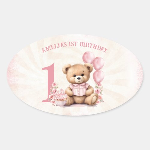 Teddy Bear Girl 1st Birthday Pink Oval Sticker