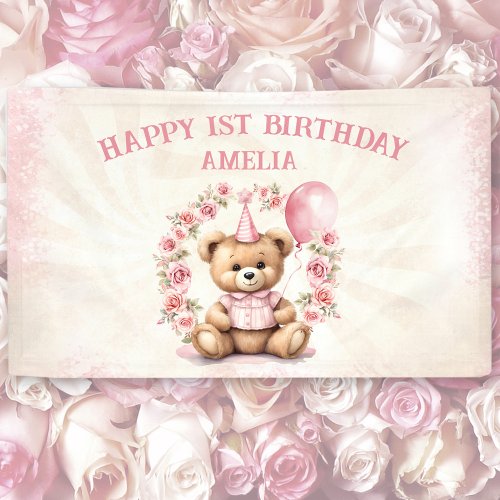 Teddy Bear Girl 1st Birthday Pink Roses Banner