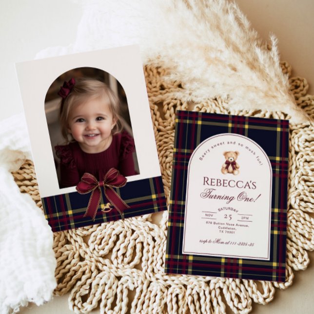 Teddy Bear Girl 1st Birthday Preppy Plaid Birthday Invitation (Creator Uploaded)