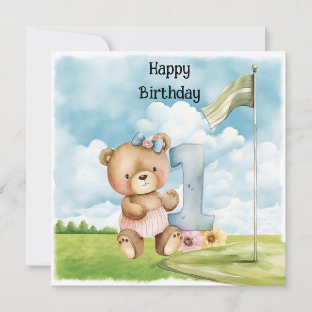 Teddy Bear Girl 1st Birthday watercolor one year  (Front)