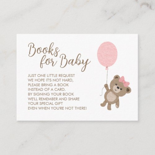 Teddy Bear Girl Baby Pink Balloon Books Request Enclosure Card