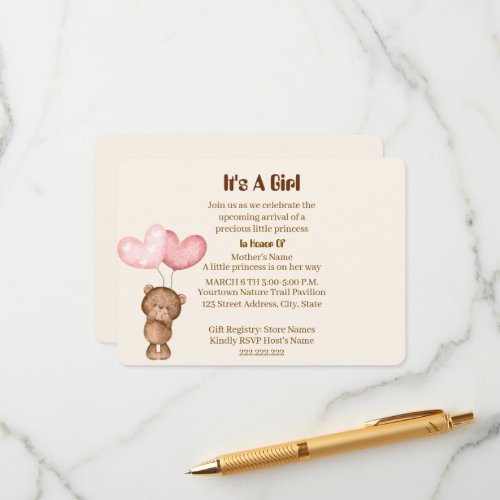 Teddy Bear Girl Baby Shower Card invitation