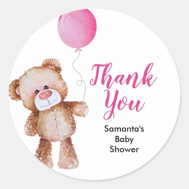 Teddy Bear Girl Baby Shower Classic Round Sticker  (Front)