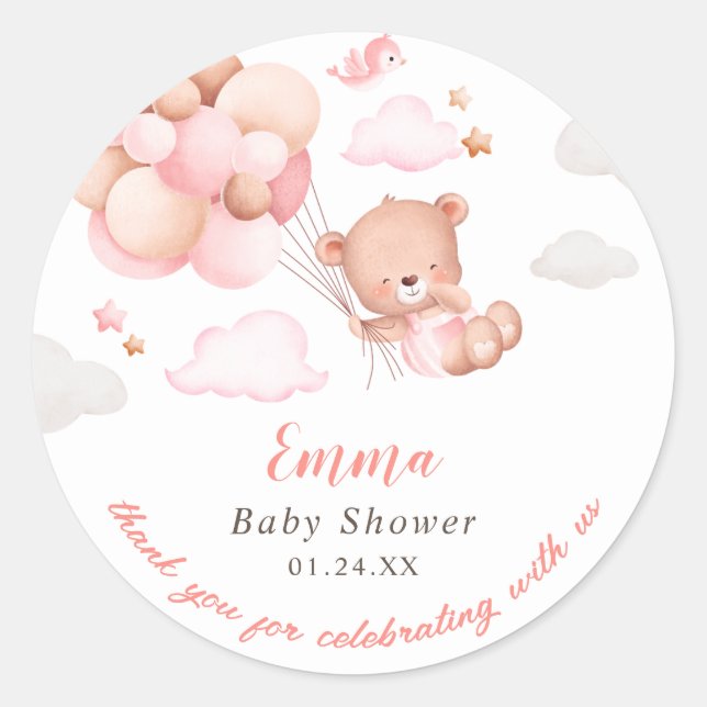 Teddy Bear Girl Baby Shower Classic Round Sticker (Front)