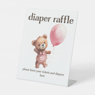 Teddy Bear Girl Baby Shower Diaper Raffle Pedestal Sign