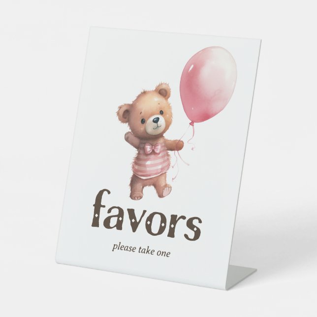 Teddy Bear Girl Baby Shower Favors Pedestal Sign (Front)