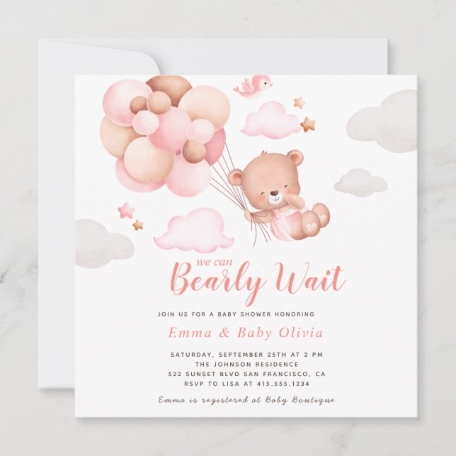 Teddy Bear Girl Baby Shower Invitation (Front)