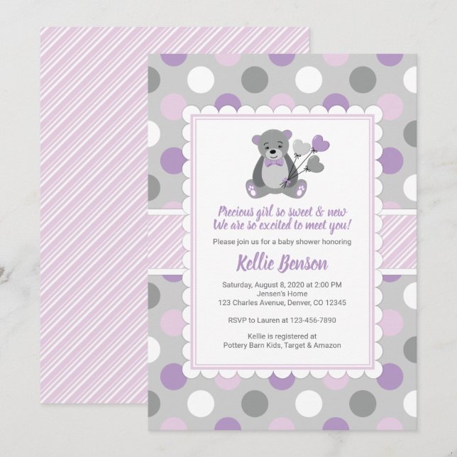 Teddy bear girl baby shower invitation purple gray (Front/Back)