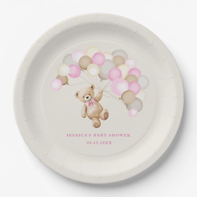Teddy Bear Girl Baby Shower Paper Plates (Front)