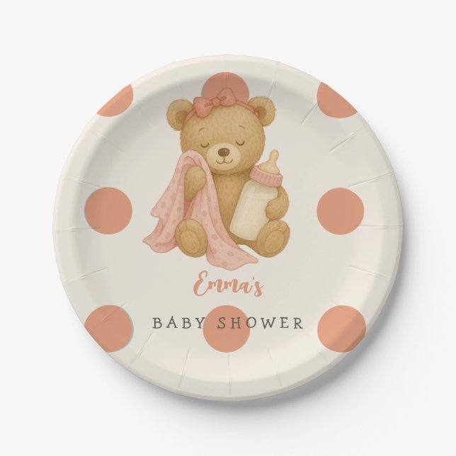 Teddy Bear Girl Baby Shower Paper Plates (Front)