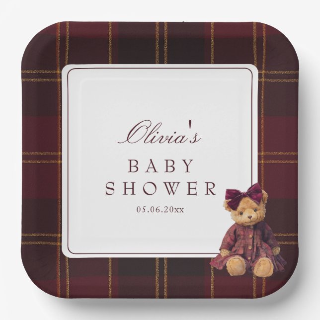 Teddy Bear Girl Baby Shower Paper Plates (Front)