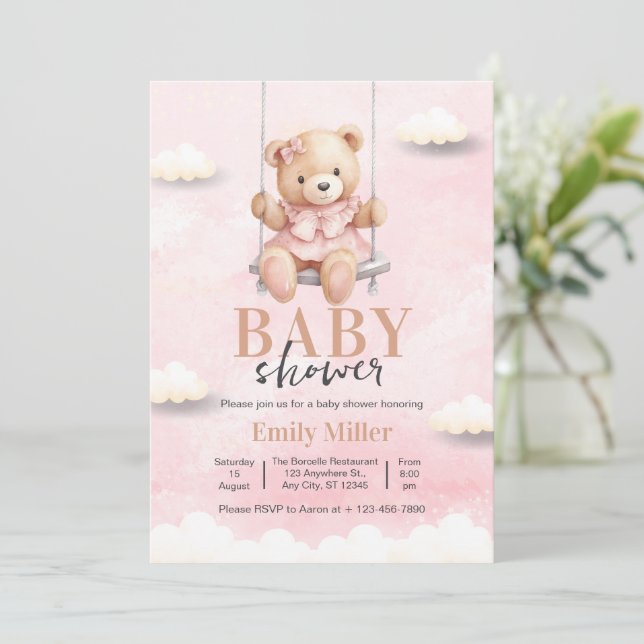 Teddy Bear Girl Baby Shower, Pink Baby Shower  Invitation (Standing Front)